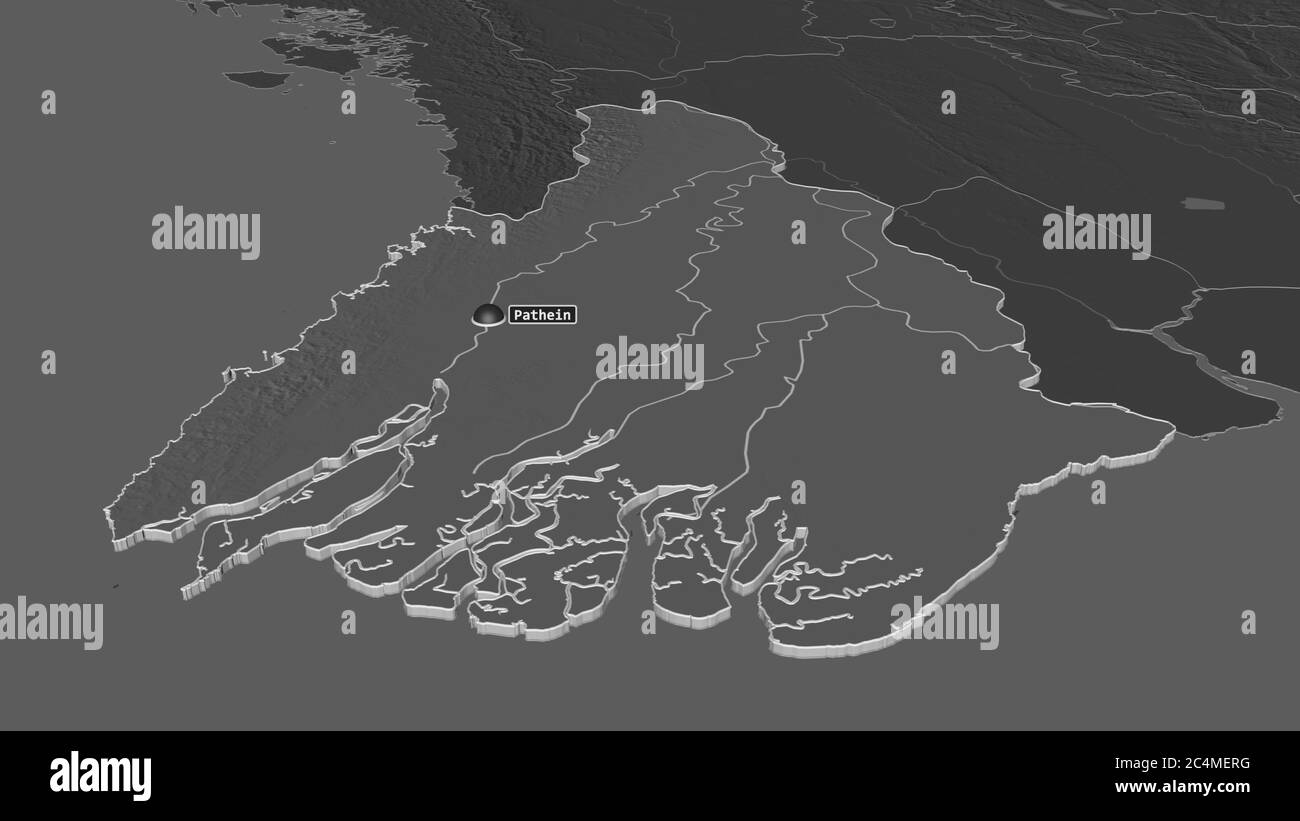 Zoom in auf Ayeyarwady (Division of Myanmar) extrudiert. Schräge Perspektive. Karte mit bilevel Höhe mit Oberflächengewässern. 3D-Rendering Stockfoto