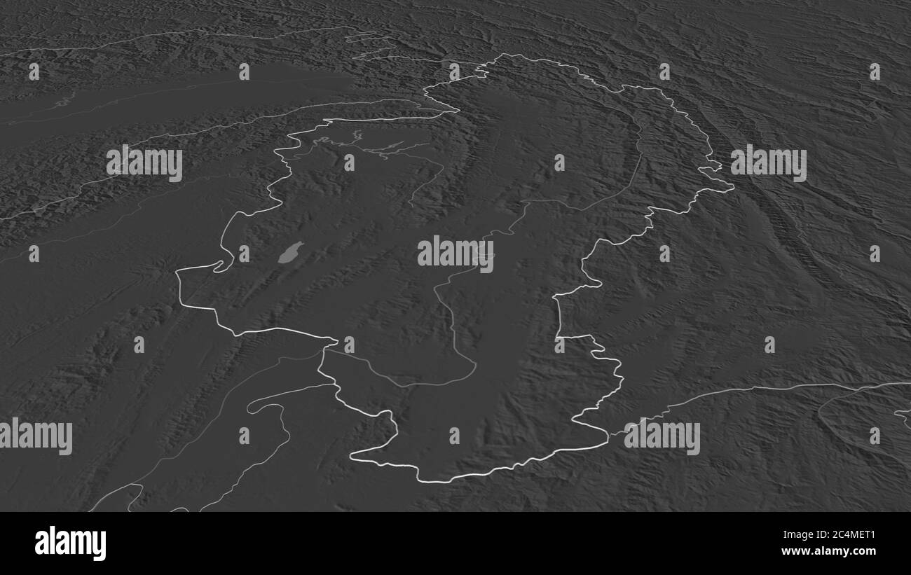 Zoom in Kachin (Staat Myanmar) skizziert. Schräge Perspektive. Karte mit bilevel Höhe mit Oberflächengewässern. 3D-Rendering Stockfoto