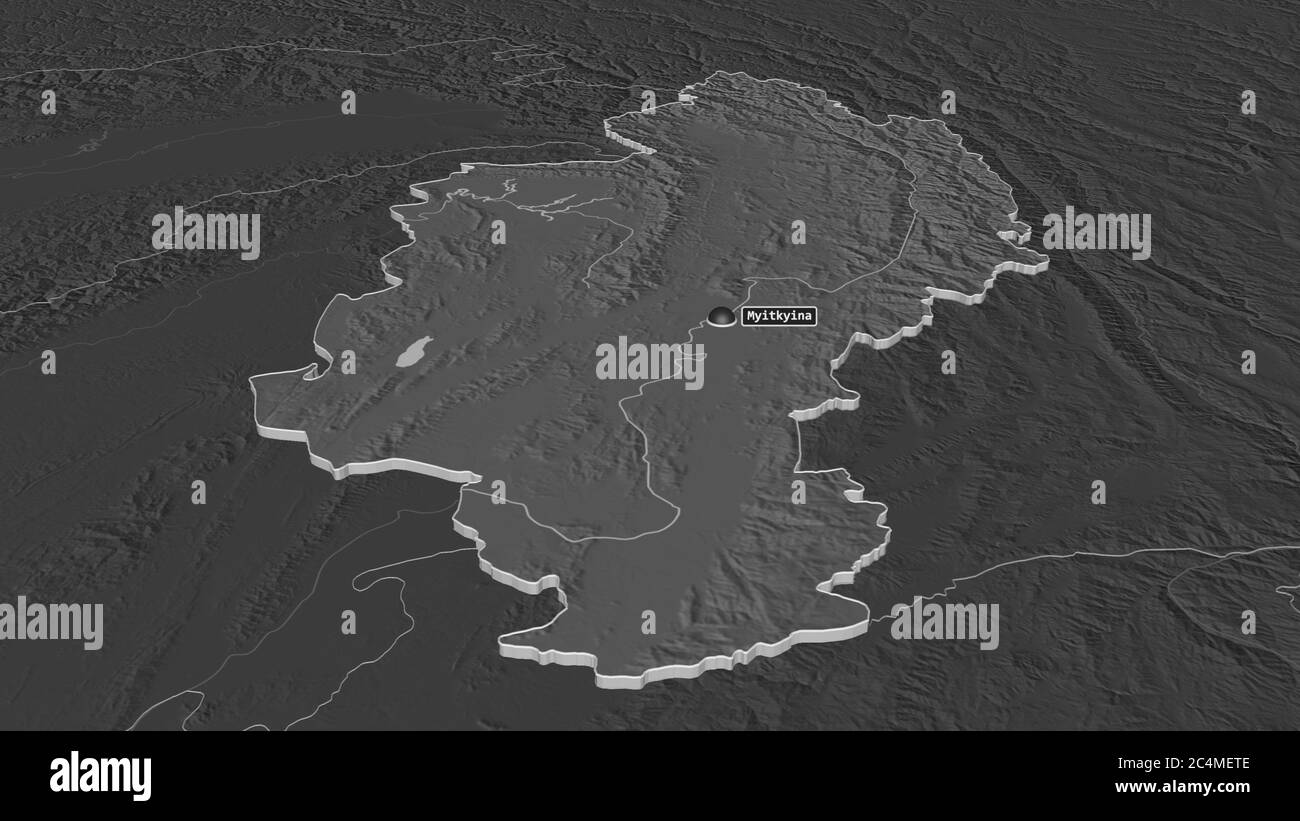 Zoom in auf Kachin (Staat Myanmar) extrudiert. Schräge Perspektive. Karte mit bilevel Höhe mit Oberflächengewässern. 3D-Rendering Stockfoto