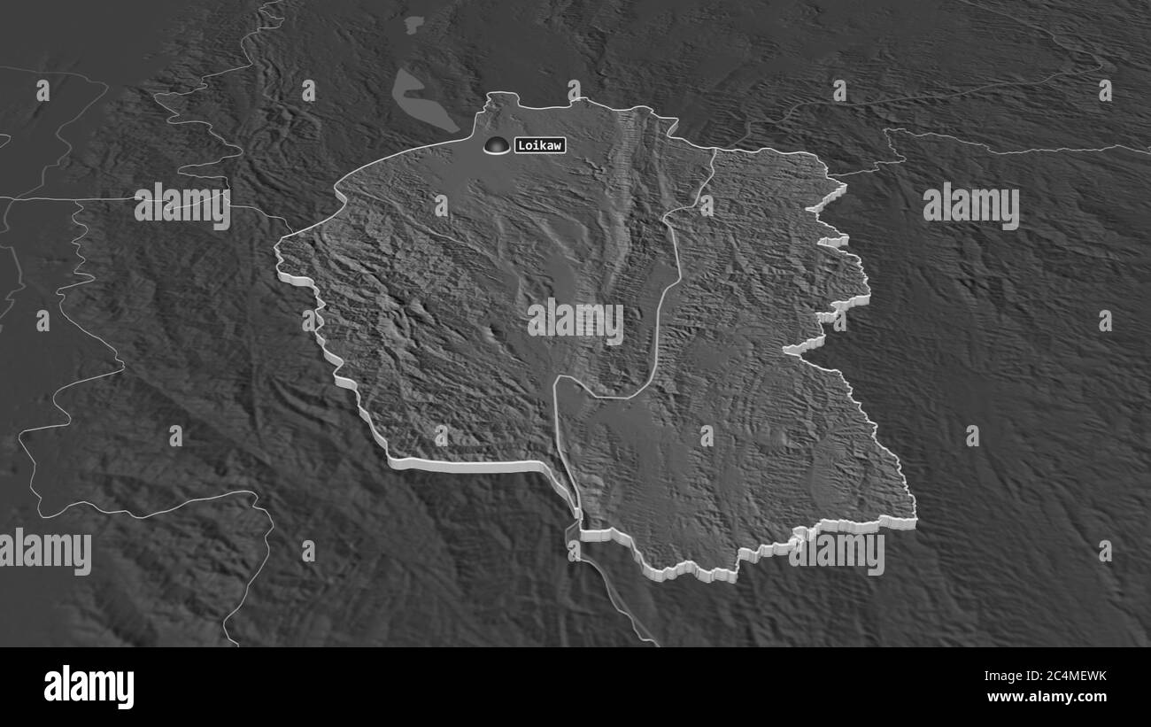 Zoom in Kayah (Staat Myanmar) extrudiert. Schräge Perspektive. Karte mit bilevel Höhe mit Oberflächengewässern. 3D-Rendering Stockfoto