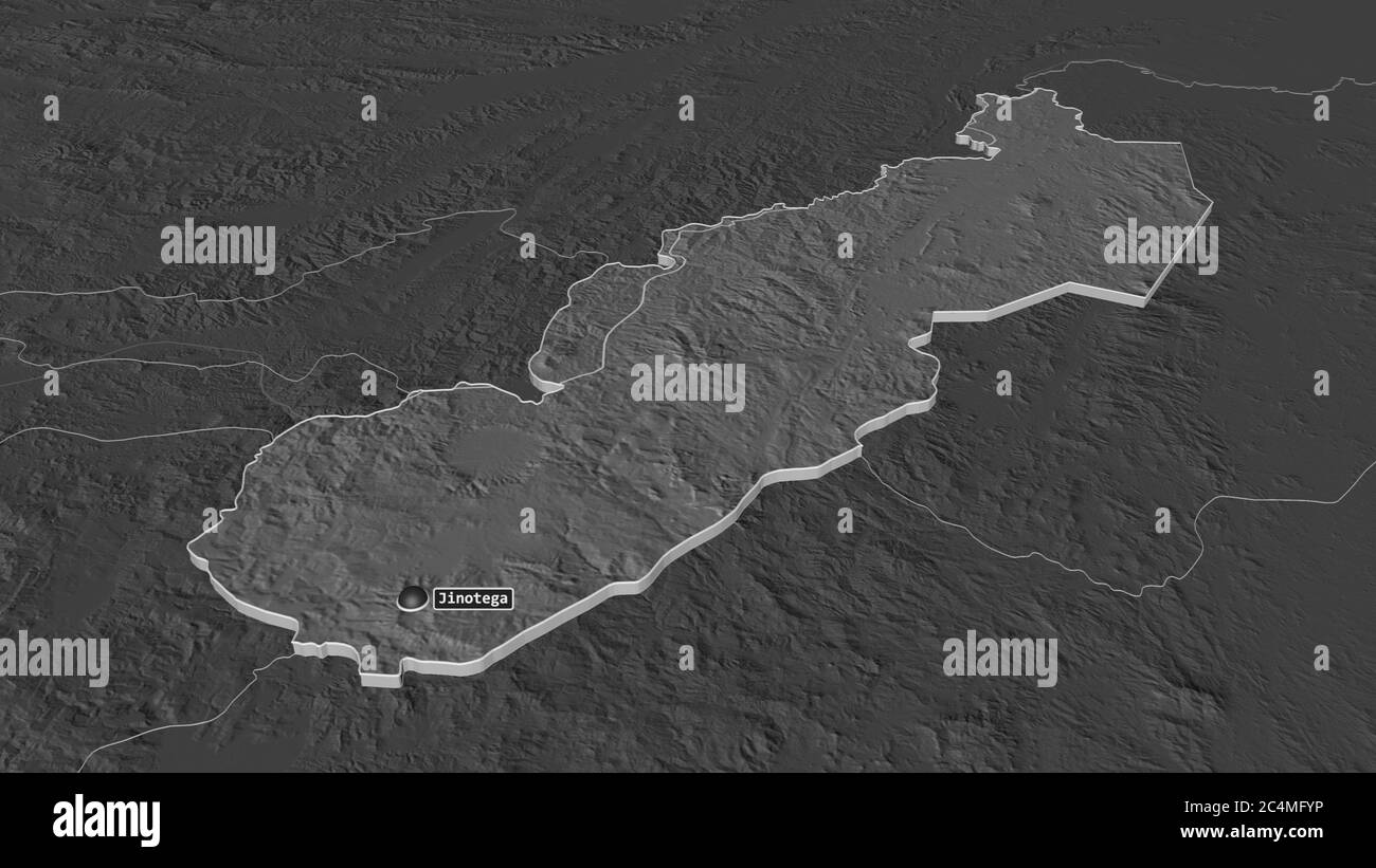 Zoom in Jinotega (Abteilung von Nicaragua) extrudiert. Schräge Perspektive. Karte mit bilevel Höhe mit Oberflächengewässern. 3D-Rendering Stockfoto