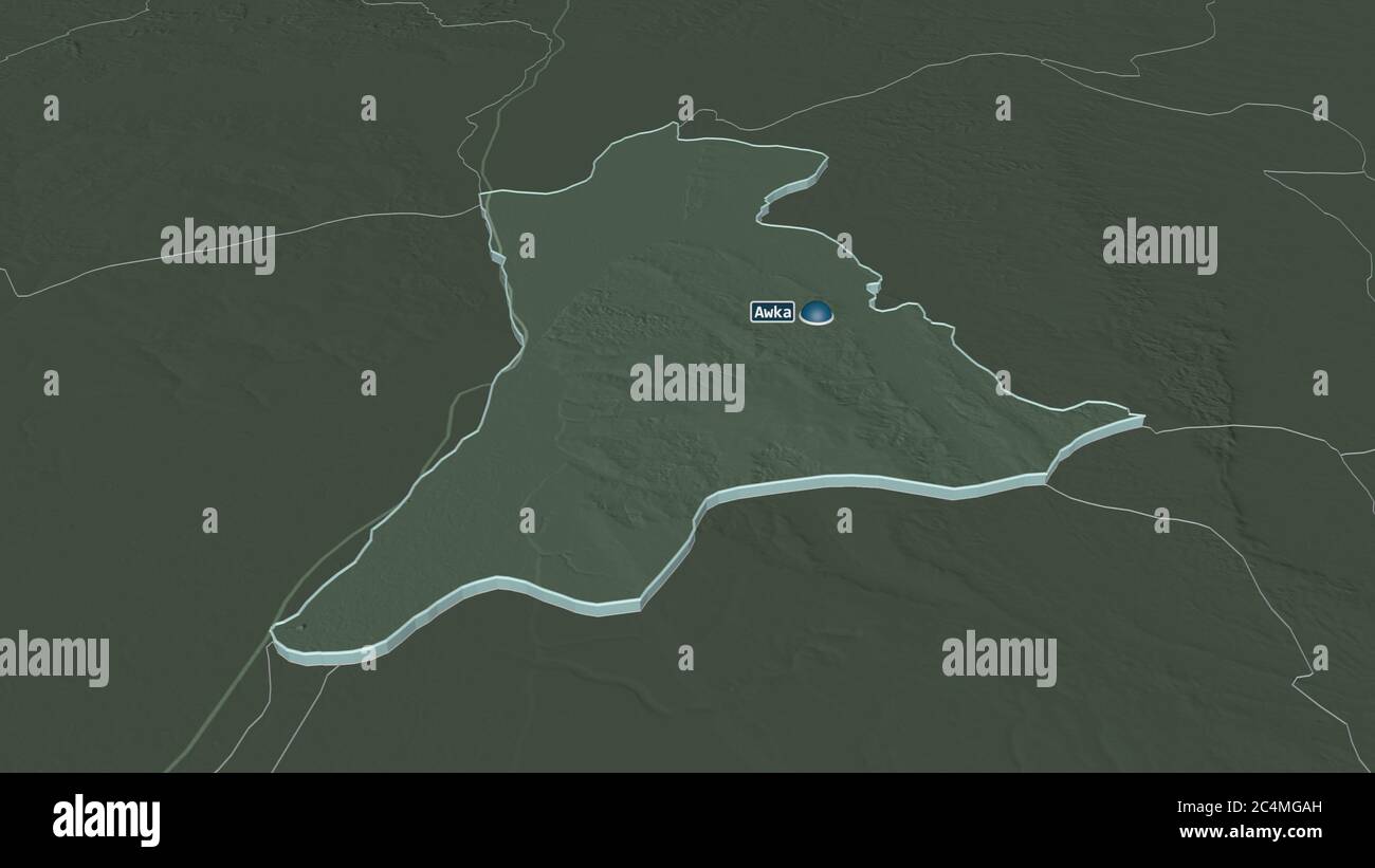 Zoom in auf Anambra (Bundesstaat Nigeria) extrudiert. Schräge Perspektive. Farbige und aufgeschüpfte Karte der Verwaltungseinheit mit Oberflächengewässern. 3D ren Stockfoto