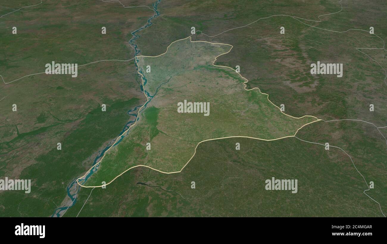 Zoom in Anambra (Bundesstaat Nigeria) skizziert. Schräge Perspektive. Satellitenbilder. 3D-Rendering Stockfoto