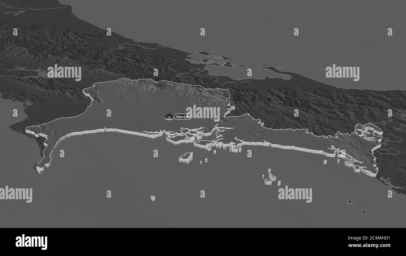 Zoom in auf Chiriquí (Provinz Panama) extrudiert. Schräge Perspektive. Karte mit bilevel Höhe mit Oberflächengewässern. 3D-Rendering Stockfoto