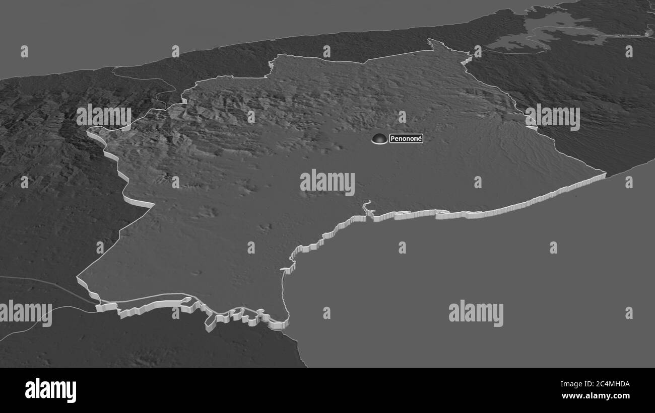 Zoom in auf Coclé (Provinz Panama) extrudiert. Schräge Perspektive. Karte mit bilevel Höhe mit Oberflächengewässern. 3D-Rendering Stockfoto