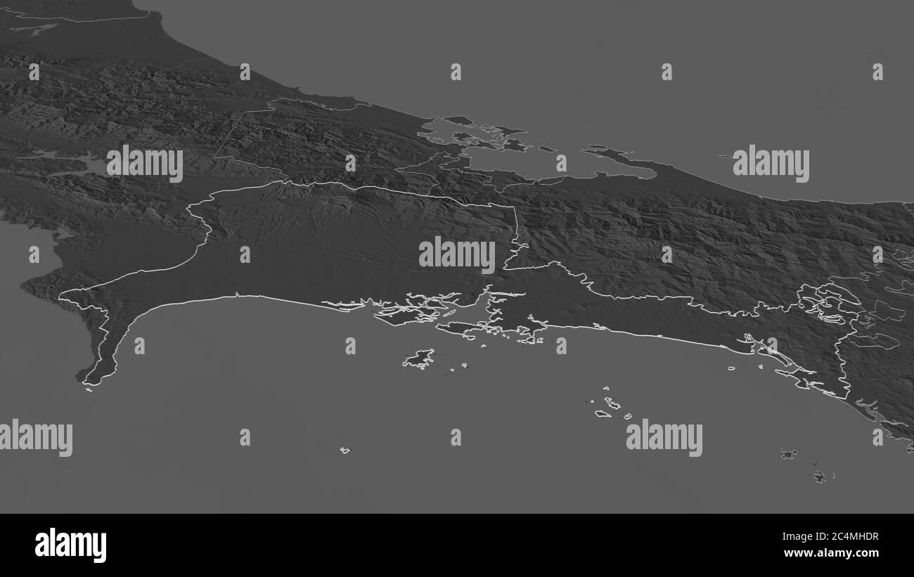 Zoom in Chiriquí (Provinz Panama) skizziert. Schräge Perspektive. Karte mit bilevel Höhe mit Oberflächengewässern. 3D-Rendering Stockfoto