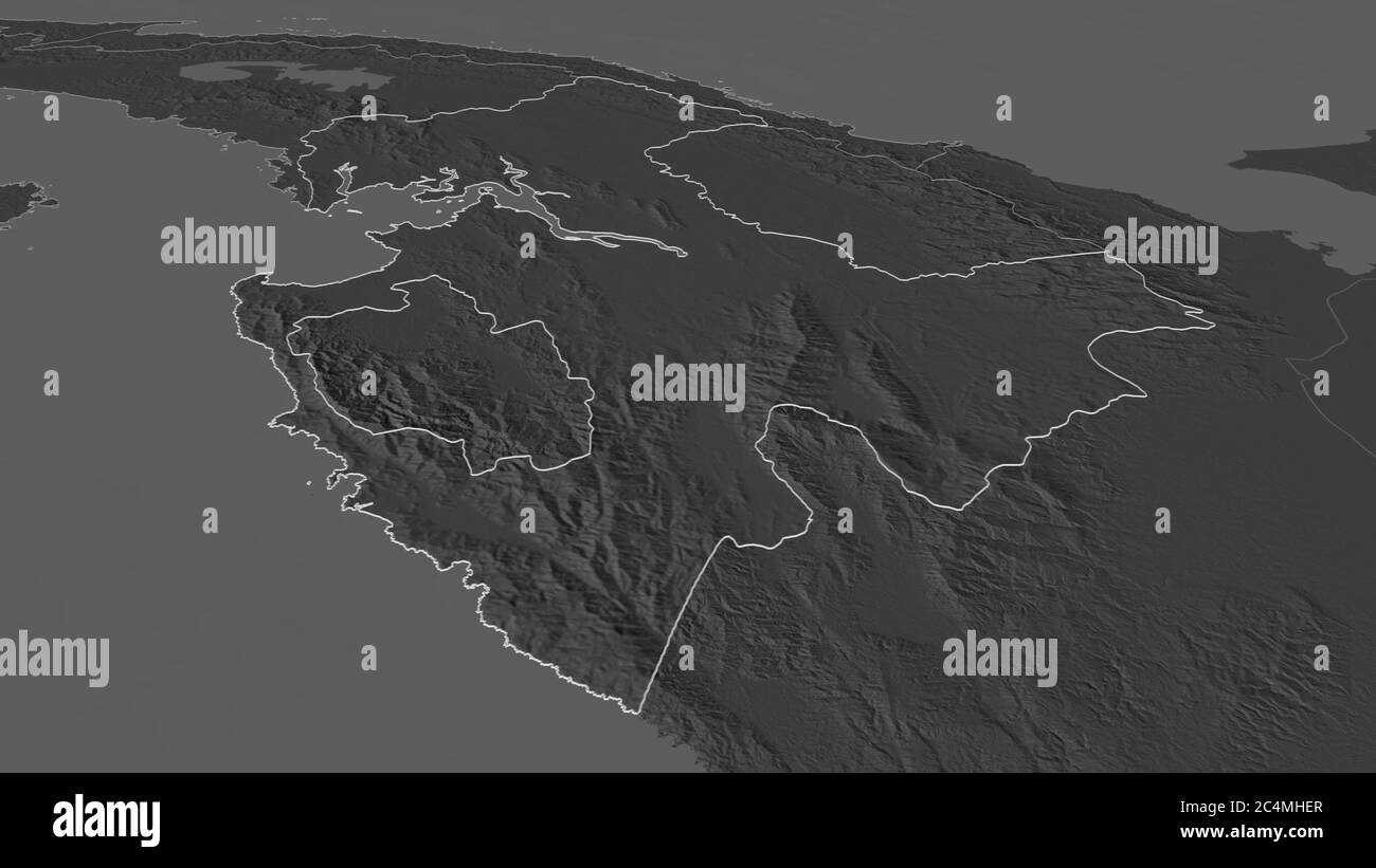 Zoom in auf Darién (Provinz Panama) skizziert. Schräge Perspektive. Karte mit bilevel Höhe mit Oberflächengewässern. 3D-Rendering Stockfoto