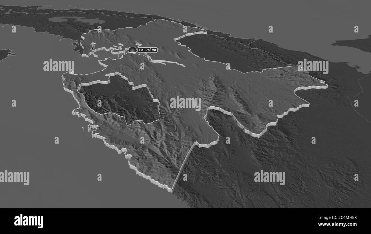 Zoom in auf Darién (Provinz Panama) extrudiert. Schräge Perspektive. Karte mit bilevel Höhe mit Oberflächengewässern. 3D-Rendering Stockfoto