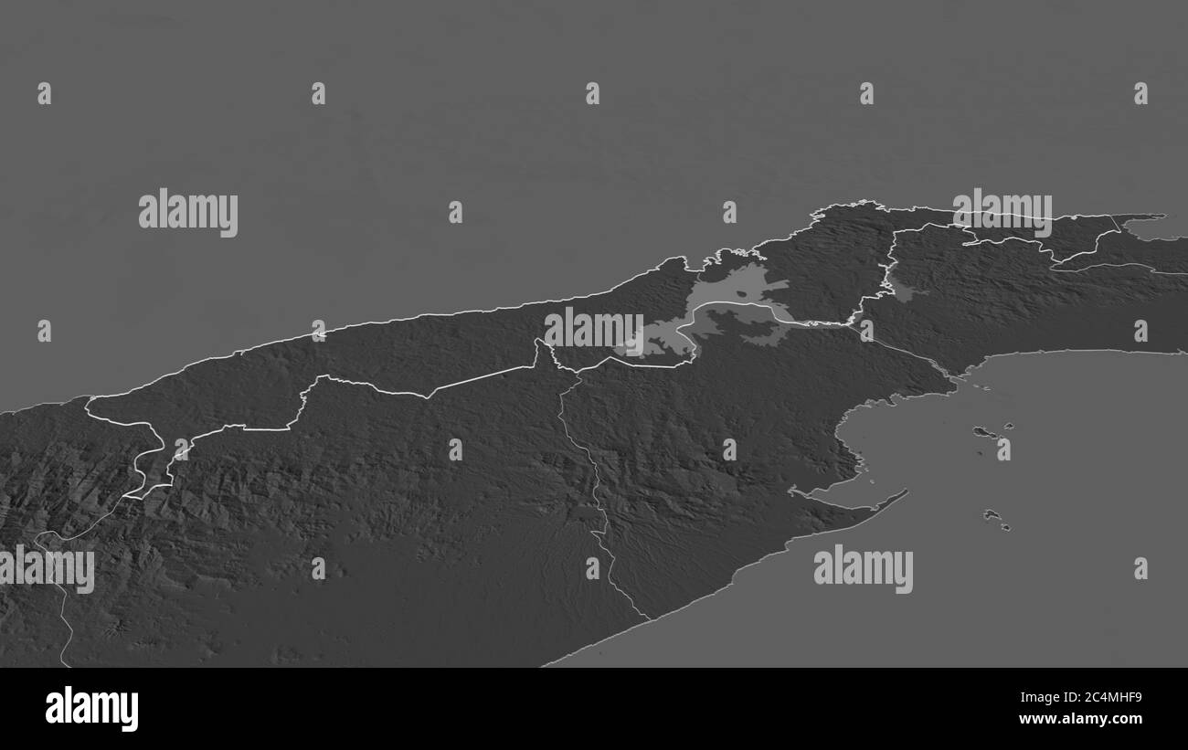 Zoom in Colón (Provinz Panama) skizziert. Schräge Perspektive. Karte mit bilevel Höhe mit Oberflächengewässern. 3D-Rendering Stockfoto