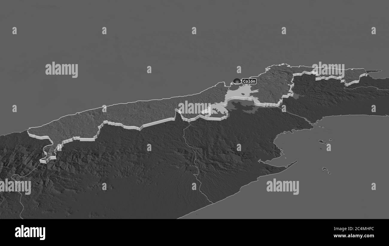 Zoom in auf Colón (Provinz Panama) extrudiert. Schräge Perspektive. Karte mit bilevel Höhe mit Oberflächengewässern. 3D-Rendering Stockfoto