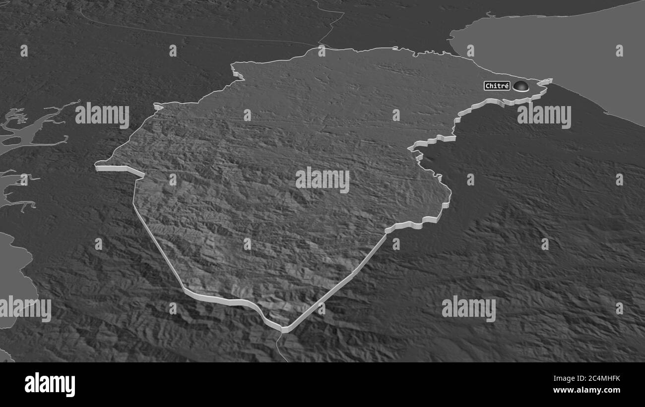 Zoom in Herrera (Provinz Panama) extrudiert. Schräge Perspektive. Karte mit bilevel Höhe mit Oberflächengewässern. 3D-Rendering Stockfoto