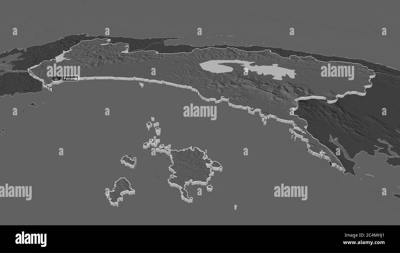 Zoom in Panamá (Provinz Panama) extrudiert. Schräge Perspektive. Karte mit bilevel Höhe mit Oberflächengewässern. 3D-Rendering Stockfoto