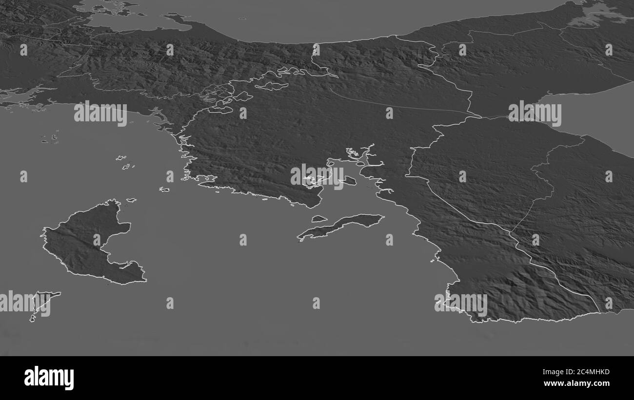 Zoom in Veraguas (Provinz Panama) skizziert. Schräge Perspektive. Karte mit bilevel Höhe mit Oberflächengewässern. 3D-Rendering Stockfoto