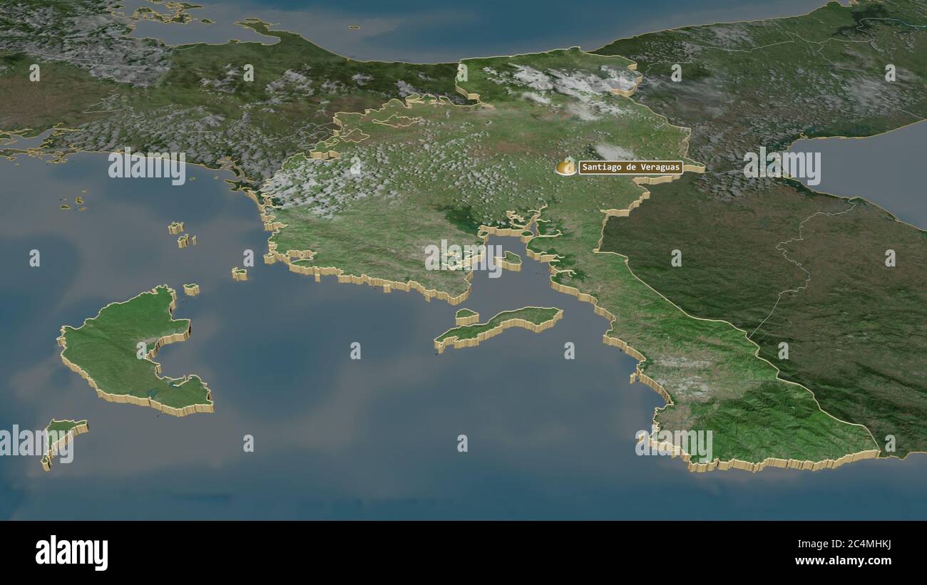 Zoom in Veraguas (Provinz Panama) extrudiert. Schräge Perspektive. Satellitenbilder. 3D-Rendering Stockfoto