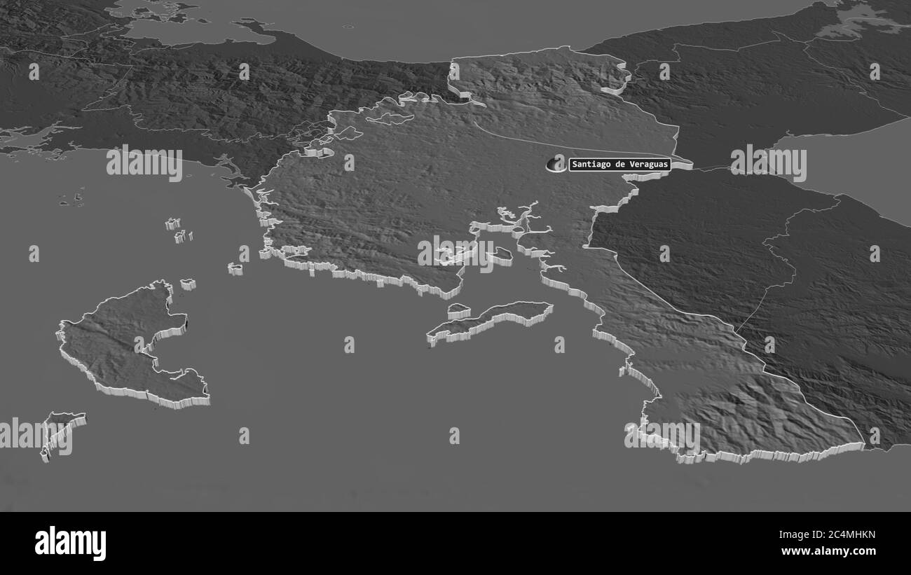 Zoom in Veraguas (Provinz Panama) extrudiert. Schräge Perspektive. Karte mit bilevel Höhe mit Oberflächengewässern. 3D-Rendering Stockfoto