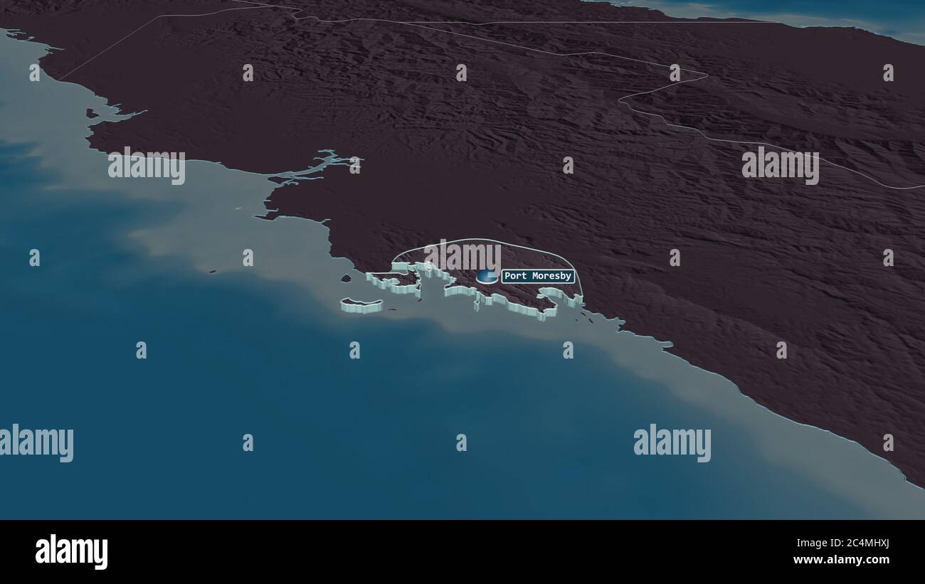 Zoom in auf National Capital District (Bezirk von Papua-Neuguinea) extrudiert. Schräge Perspektive. Farbige und aufgeschüpfte Karte der Verwaltungsdivisi Stockfoto