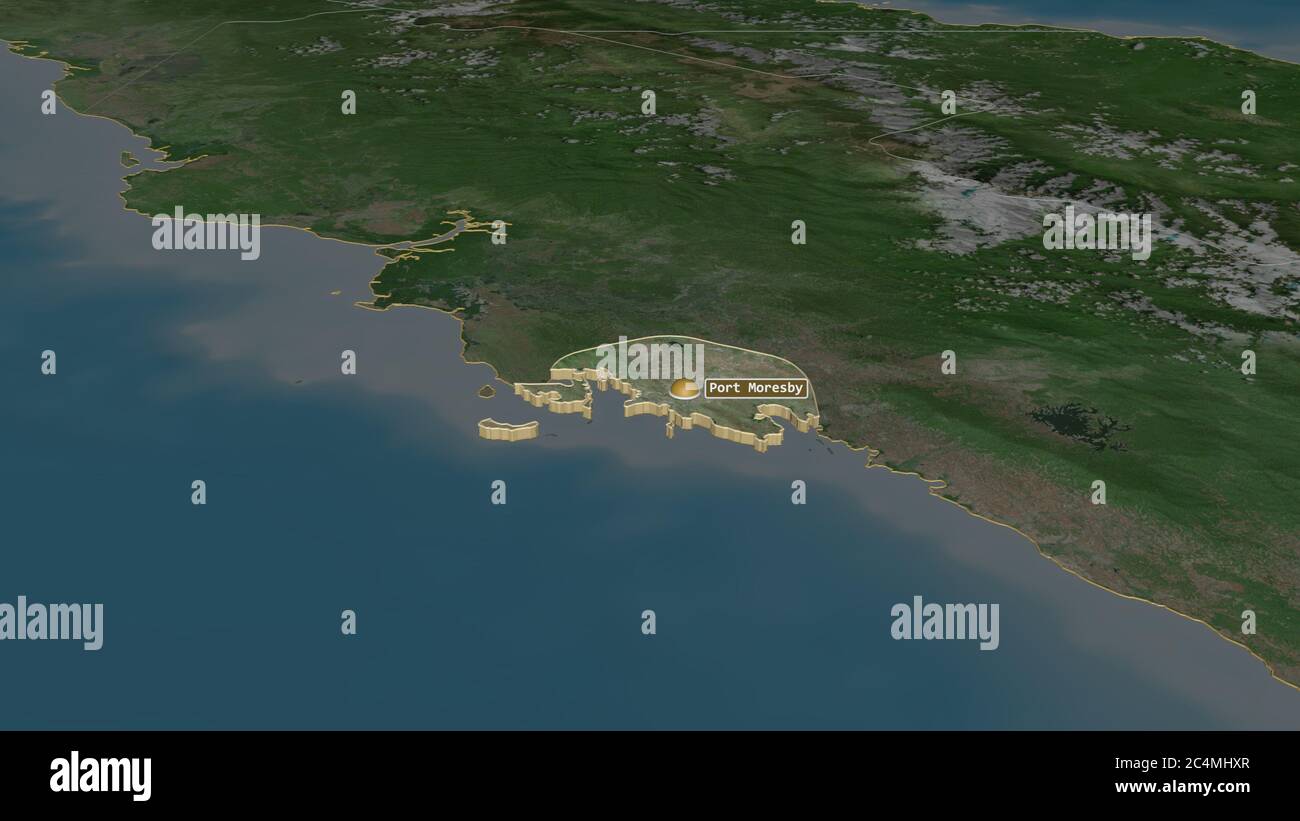 Zoom in auf National Capital District (Bezirk von Papua-Neuguinea) extrudiert. Schräge Perspektive. Satellitenbilder. 3D-Rendering Stockfoto