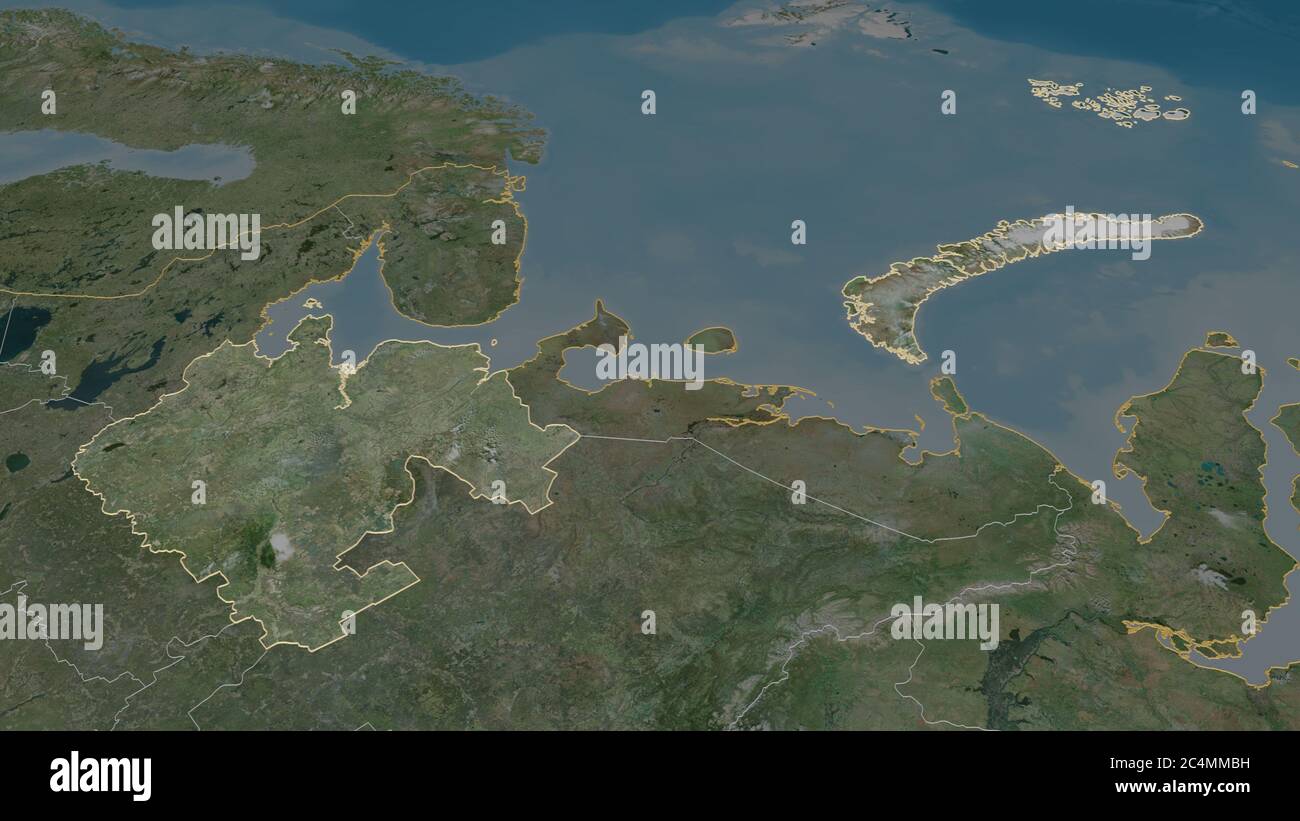 Zoom in auf Archangelsk'sk (Region Russlands) skizziert. Schräge Perspektive. Satellitenbilder. 3D-Rendering Stockfoto