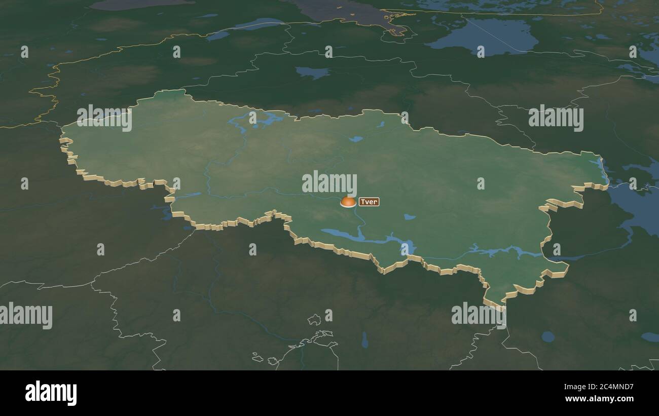 Zoom in Tver' (Region Russland) extrudiert. Schräge Perspektive. Topographische Reliefkarte mit Oberflächengewässern. 3D-Rendering Stockfoto