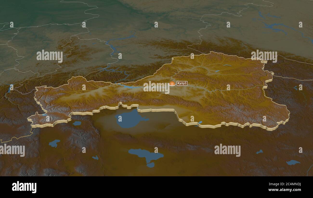 Zoom in Tuva (republik Russland) extrudiert. Schräge Perspektive. Topographische Reliefkarte mit Oberflächengewässern. 3D-Rendering Stockfoto