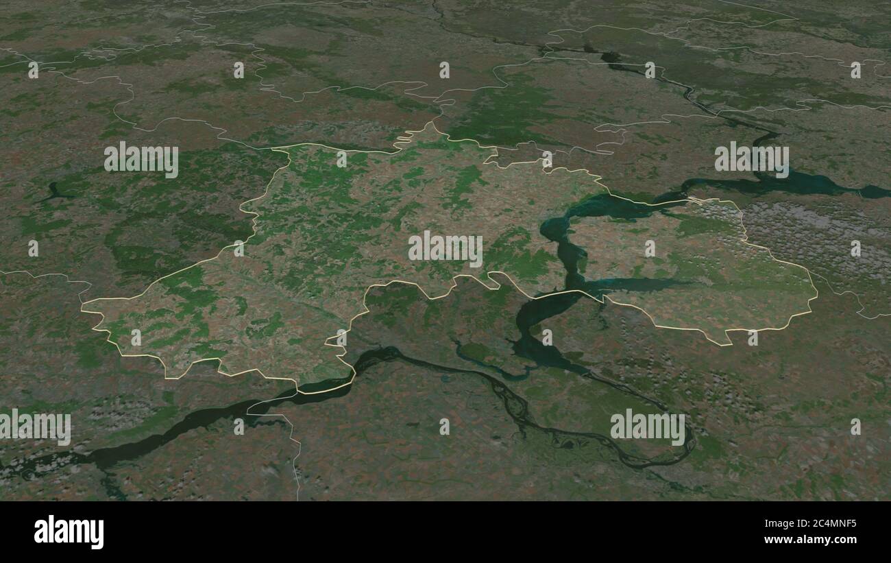 Zoom in UL'yanovsk (Region von Russland) skizziert. Schräge Perspektive. Satellitenbilder. 3D-Rendering Stockfoto