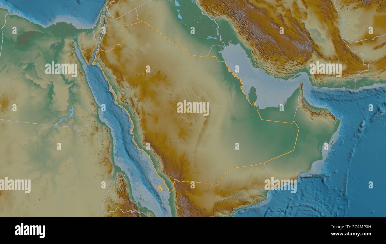 Umrissene Form des Saudi-arabischen Raums. Topographische Reliefkarte mit Oberflächengewässern. 3D-Rendering Stockfoto