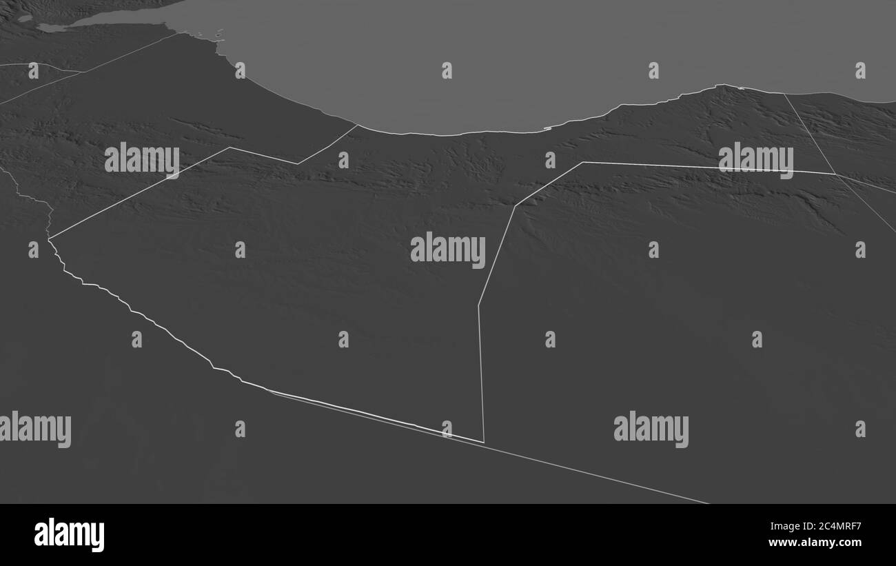 Zoom in Woqoyi Galbeed (Region Somalia) skizziert. Schräge Perspektive. Karte mit bilevel Höhe mit Oberflächengewässern. 3D-Rendering Stockfoto