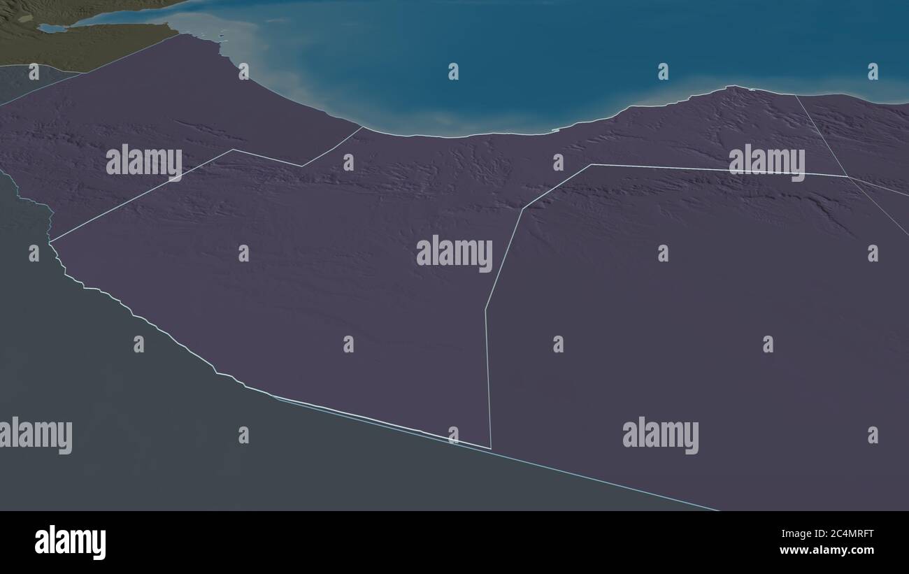 Zoom in Woqoyi Galbeed (Region Somalia) skizziert. Schräge Perspektive. Farbige und angestoßende Karte der Verwaltungsabteilung mit Oberflächenwasser Stockfoto