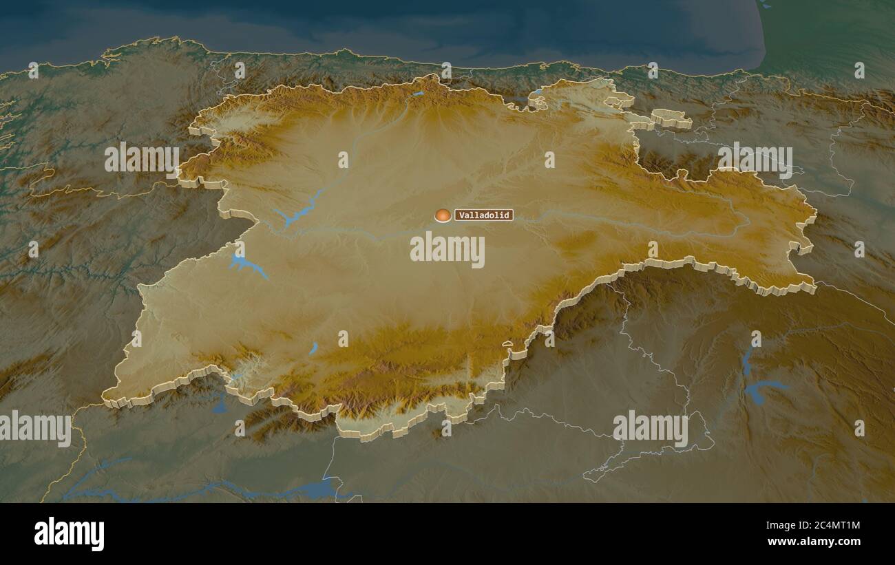 Zoom in auf Castilla y León (autonome Gemeinschaft von Spanien) extrudiert. Schräge Perspektive. Topographische Reliefkarte mit Oberflächengewässern. 3D-Rendering Stockfoto