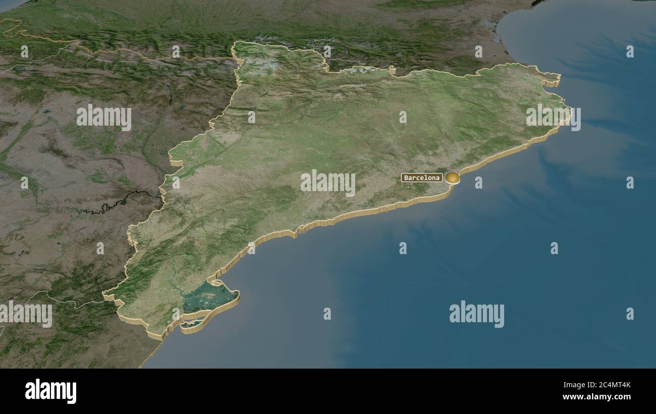 Zoom in auf Cataluña (autonome Gemeinschaft von Spanien) extrudiert. Schräge Perspektive. Satellitenbilder. 3D-Rendering Stockfoto