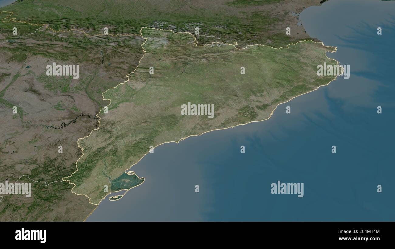 Zoom in auf Cataluña (autonome Gemeinschaft von Spanien) skizziert. Schräge Perspektive. Satellitenbilder. 3D-Rendering Stockfoto