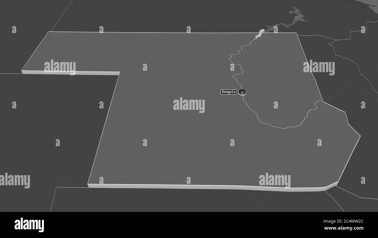 Zoomen Sie auf Nord (Staat Sudan) extrudiert. Schräge Perspektive. Karte mit bilevel Höhe mit Oberflächengewässern. 3D-Rendering Stockfoto