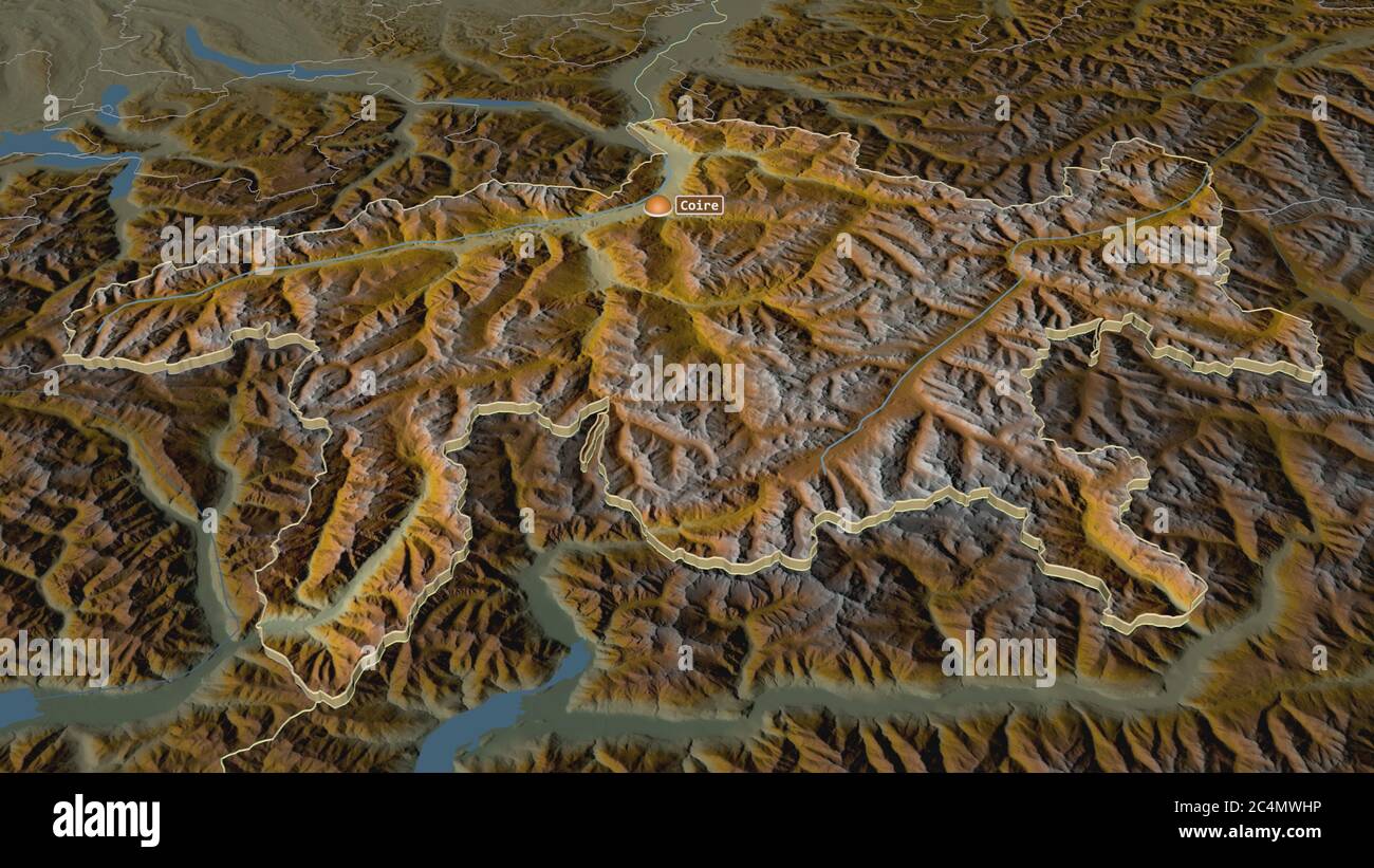 Zoom in Graubünden (Kanton Schweiz) extrudiert. Schräge Perspektive. Topographische Reliefkarte mit Oberflächengewässern. 3D-Rendering Stockfoto