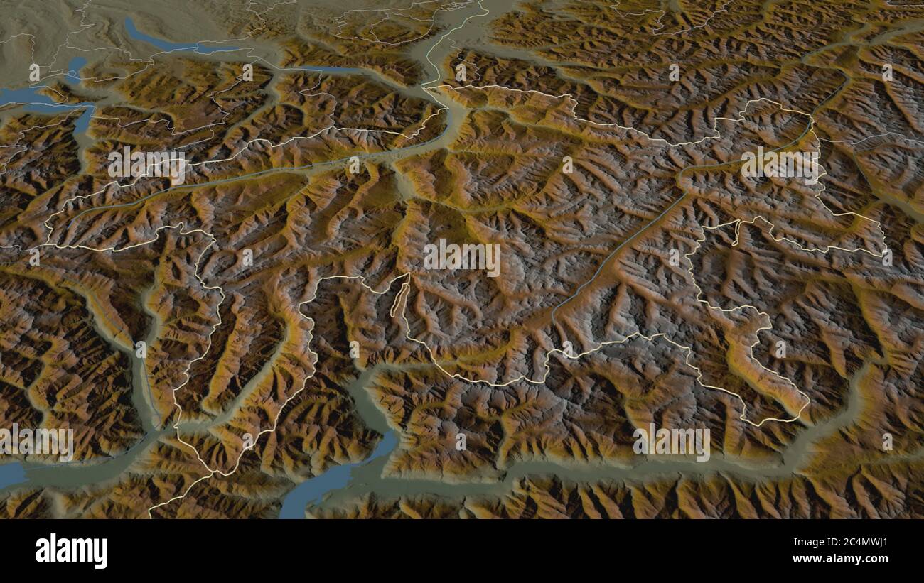 Zoom in auf Graubünden (Kanton Schweiz) skizziert. Schräge Perspektive. Topographische Reliefkarte mit Oberflächengewässern. 3D-Rendering Stockfoto