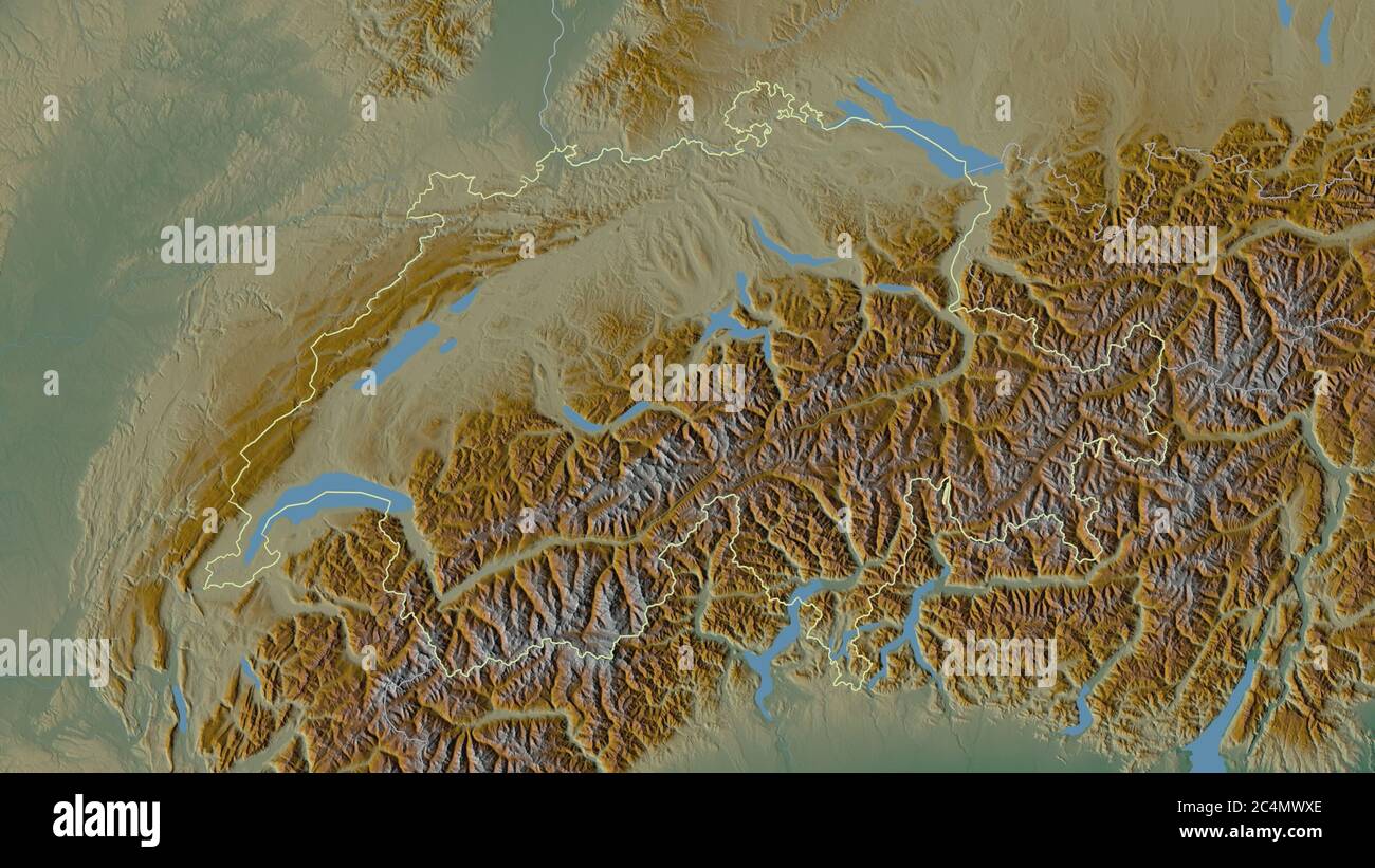 Umrissene Form des Schweizer Raumes. Topographische Reliefkarte mit Oberflächengewässern. 3D-Rendering Stockfoto