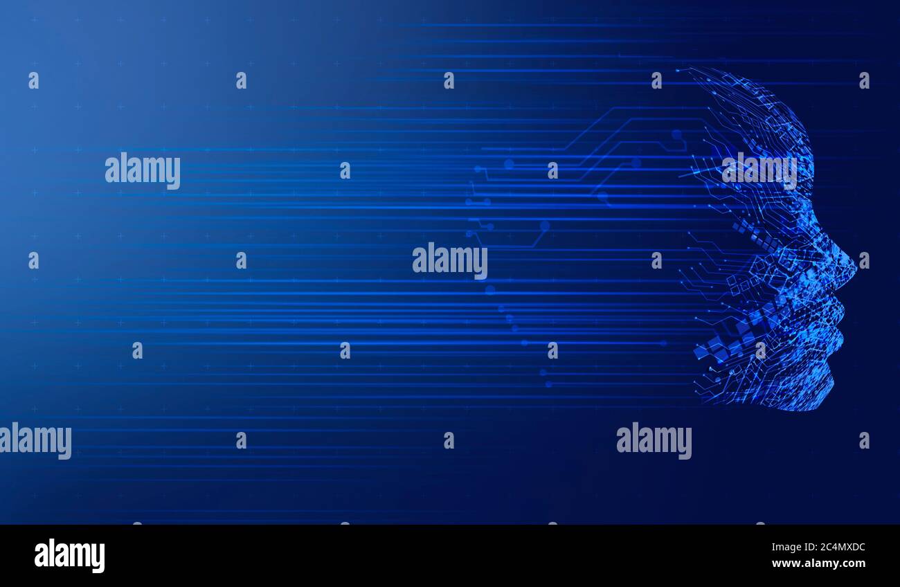 Cyber-Geist. Abstrakt Futuristischer Hintergrund Mit Menschlichen Silhouette Fading In Electronic Connections Stockfoto