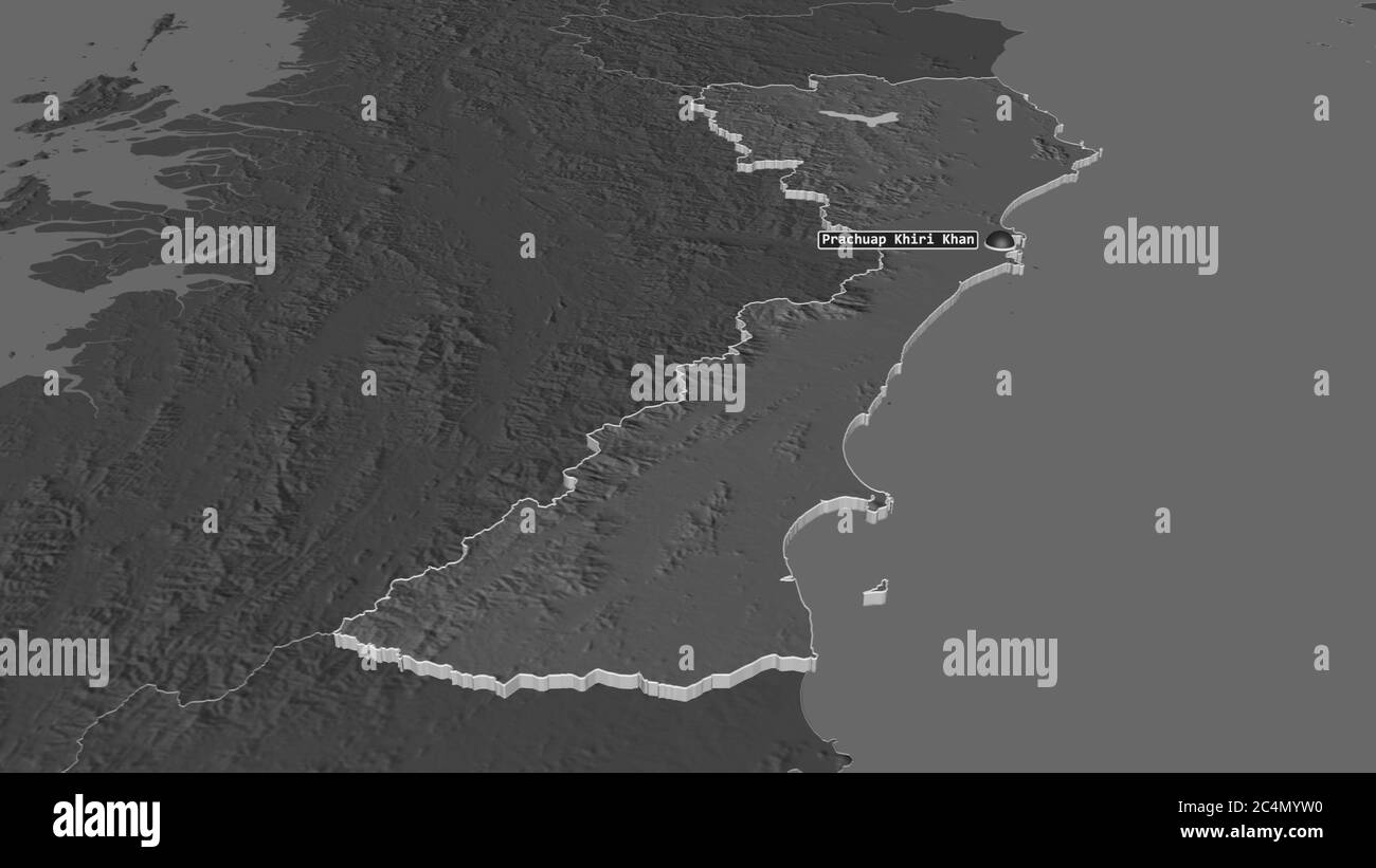 Zoom in auf Prachuap Khiri Khan (Provinz Thailand) extrudiert. Schräge Perspektive. Karte mit bilevel Höhe mit Oberflächengewässern. 3D-Rendering Stockfoto