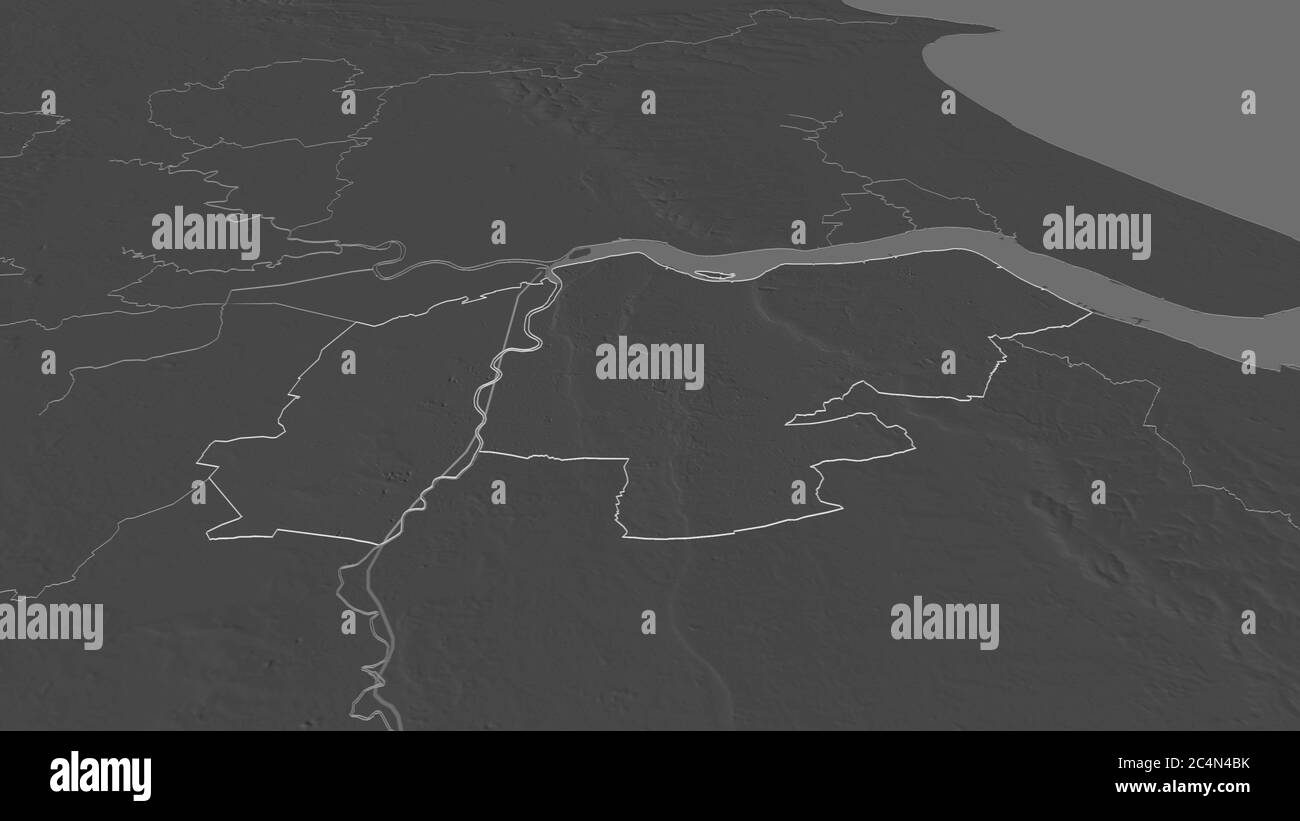 Zoom in auf North Lincolnshire (einheitliche Autorität von England) skizziert. Schräge Perspektive. Karte mit bilevel Höhe mit Oberflächengewässern. 3D-Rendering Stockfoto