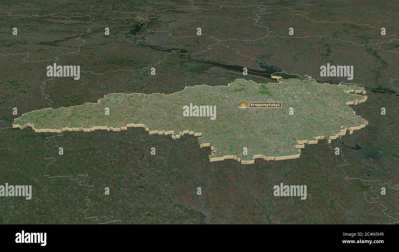 Zoom in auf Kirovohrad (Region der Ukraine) extrudiert. Schräge Perspektive. Satellitenbilder. 3D-Rendering Stockfoto