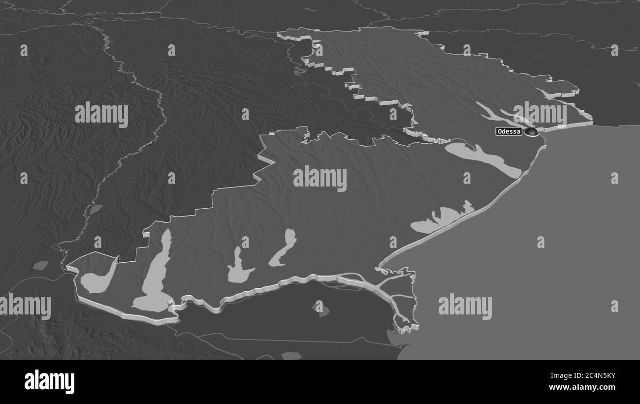 Zoom in Odessa (Region der Ukraine) extrudiert. Schräge Perspektive. Karte mit bilevel Höhe mit Oberflächengewässern. 3D-Rendering Stockfoto