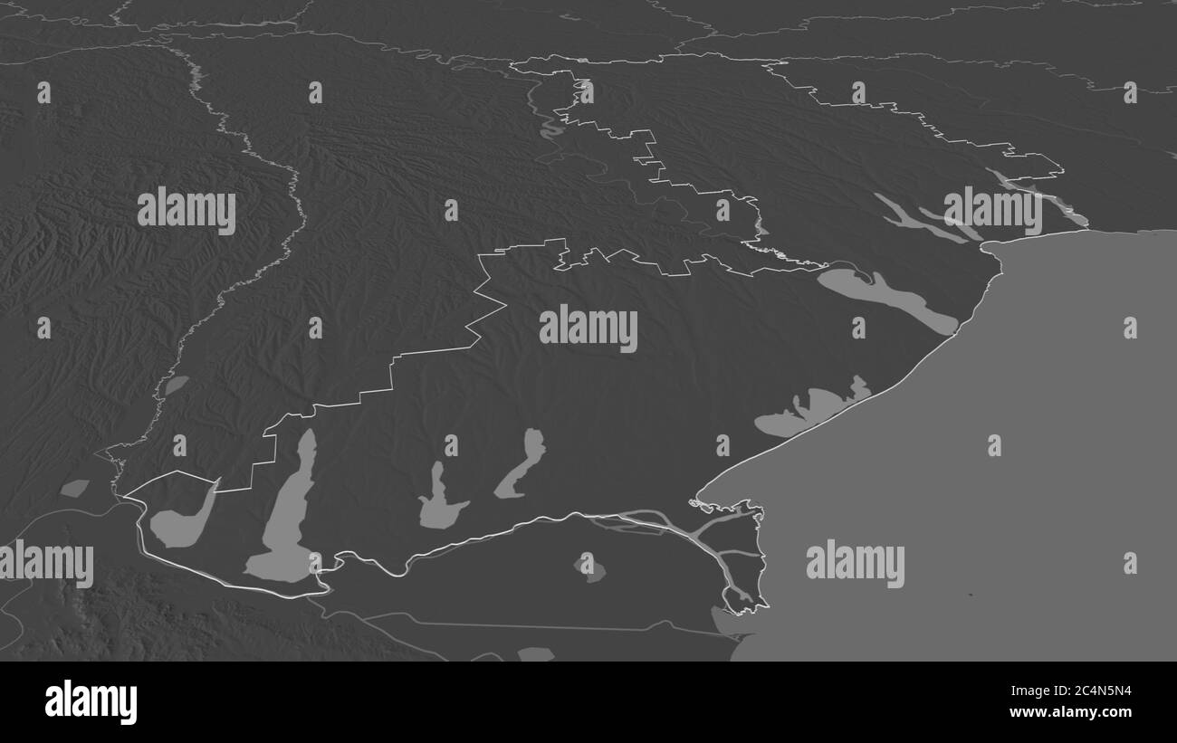 Zoom in Odessa (Region der Ukraine) skizziert. Schräge Perspektive. Karte mit bilevel Höhe mit Oberflächengewässern. 3D-Rendering Stockfoto
