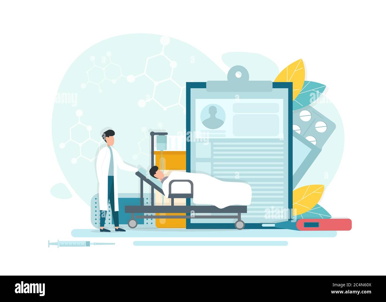 Intensive Therapie. Vektor-Illustration Des Arztes, Der Sich Um Den Patienten Nach Der Operation Stock Vektor