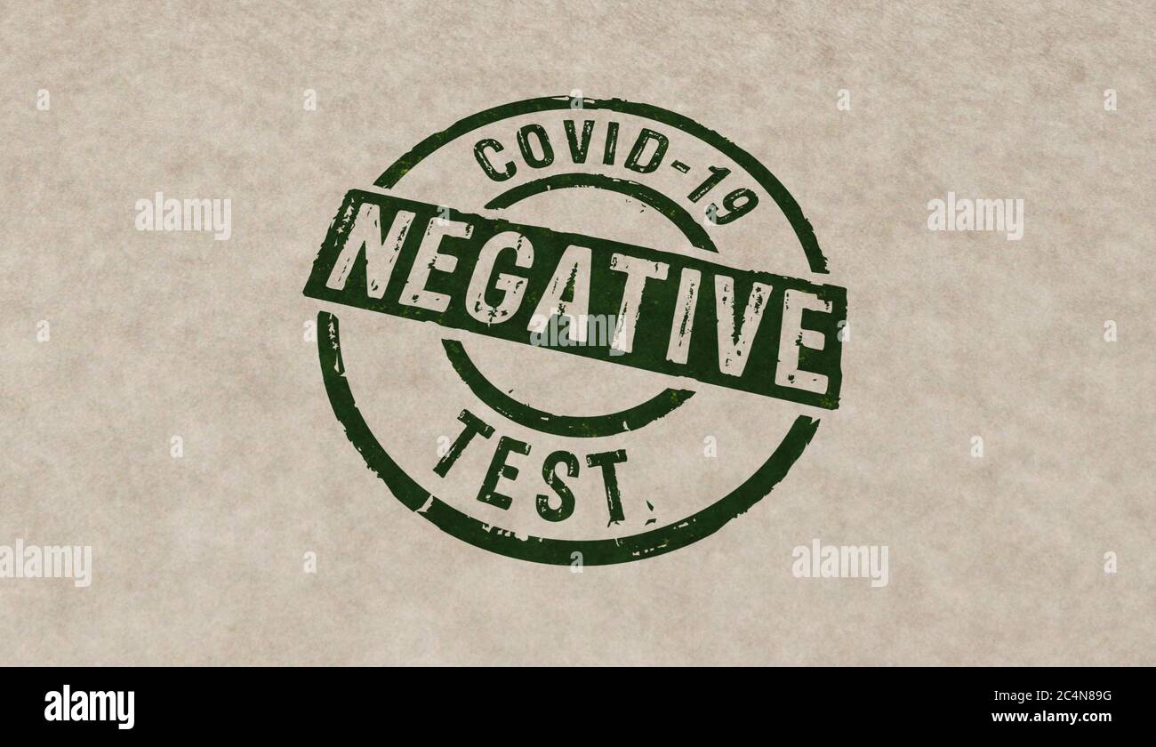 Covid-19 Coronavirus Test Negativstempel Symbole in wenigen Farbversionen. Virusinfektion, Medizin, Forschung, Untersuchung und Gesundheitsschutz Konzept 3D Stockfoto