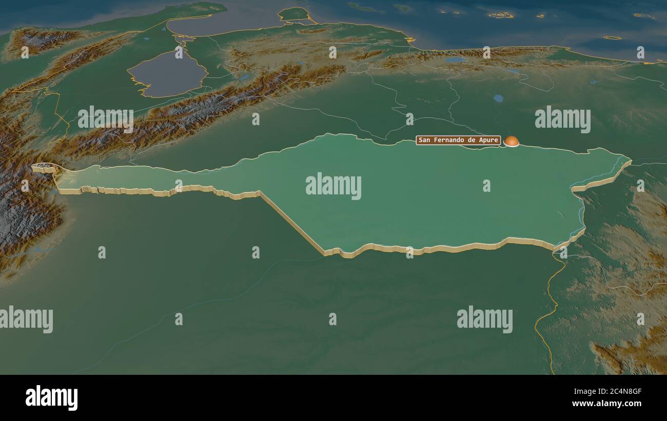 Zoom in auf Apure (Staat Venezuela) extrudiert. Schräge Perspektive. Topographische Reliefkarte mit Oberflächengewässern. 3D-Rendering Stockfoto