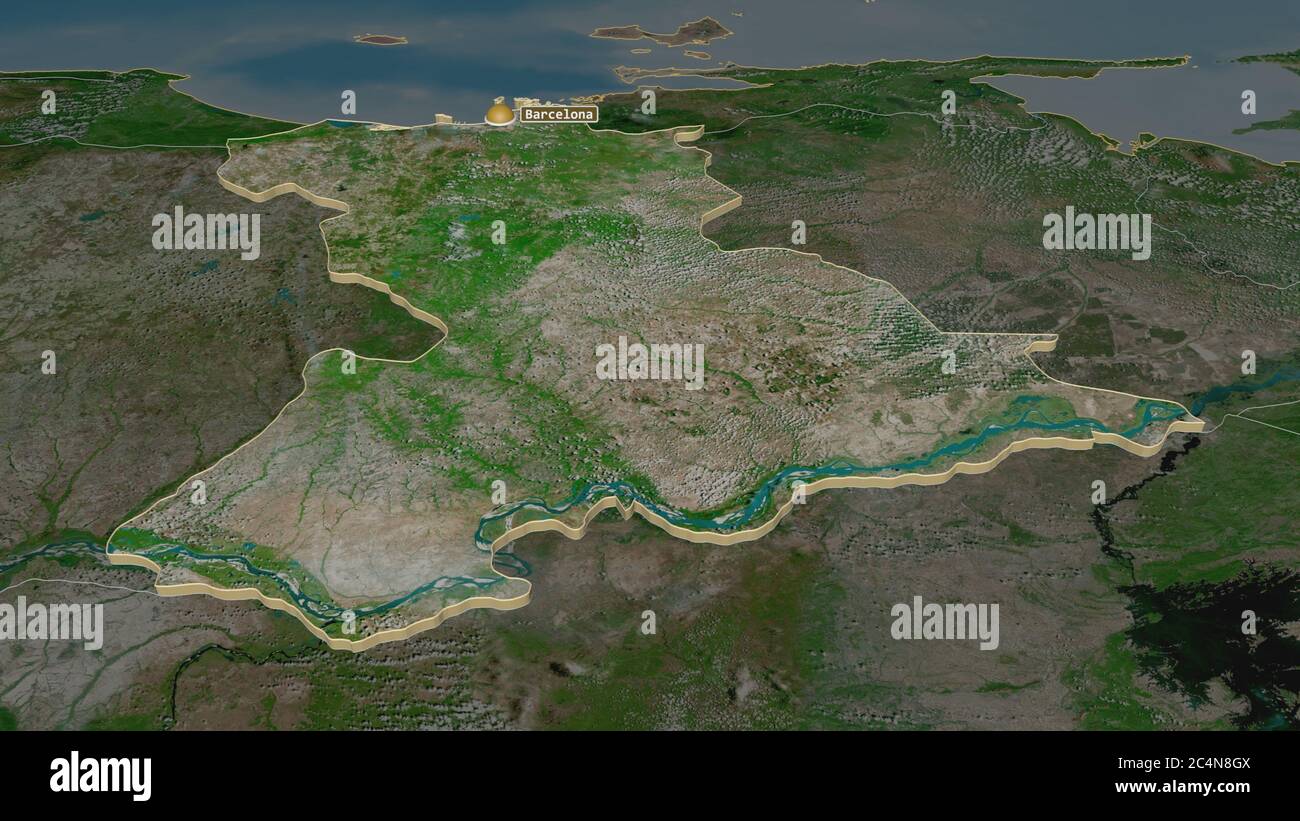 Zoom in auf Anzoátegui (Staat Venezuela) extrudiert. Schräge Perspektive. Satellitenbilder. 3D-Rendering Stockfoto