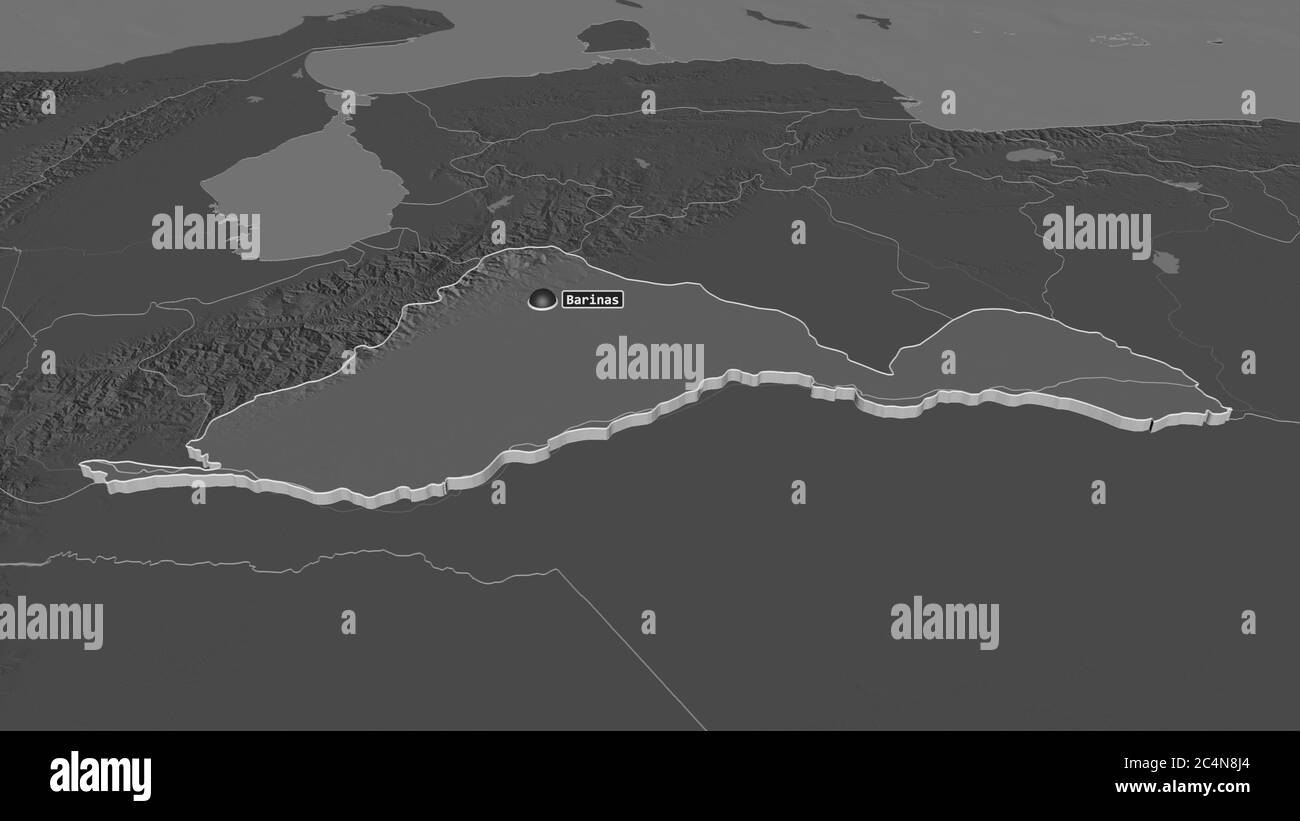 Zoom in auf Barinas (Staat Venezuela) extrudiert. Schräge Perspektive. Karte mit bilevel Höhe mit Oberflächengewässern. 3D-Rendering Stockfoto