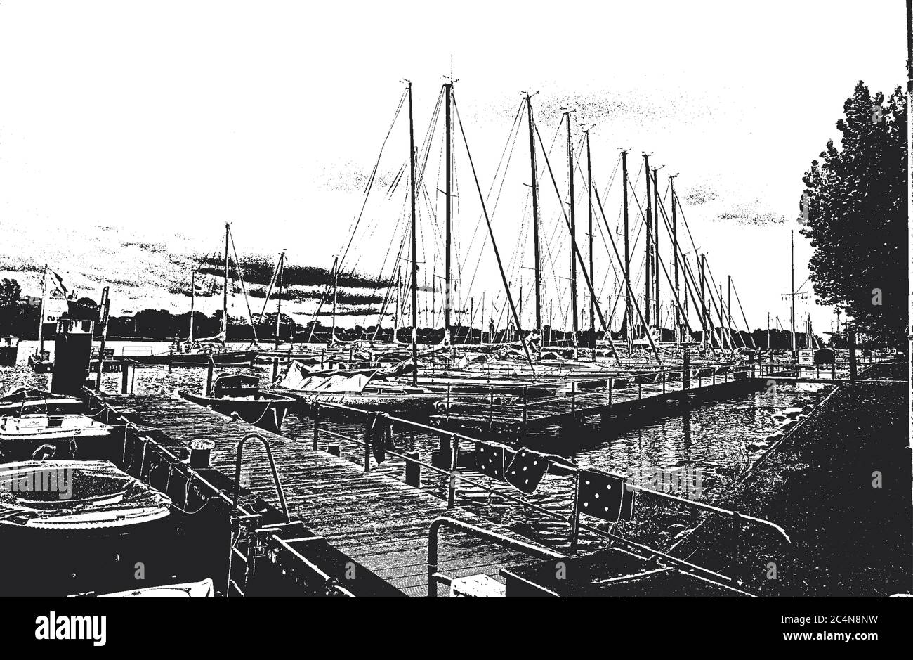 Hafen mit Segelbooten und Yachten im Hafen. Meereslandschaft. Stock Vektor