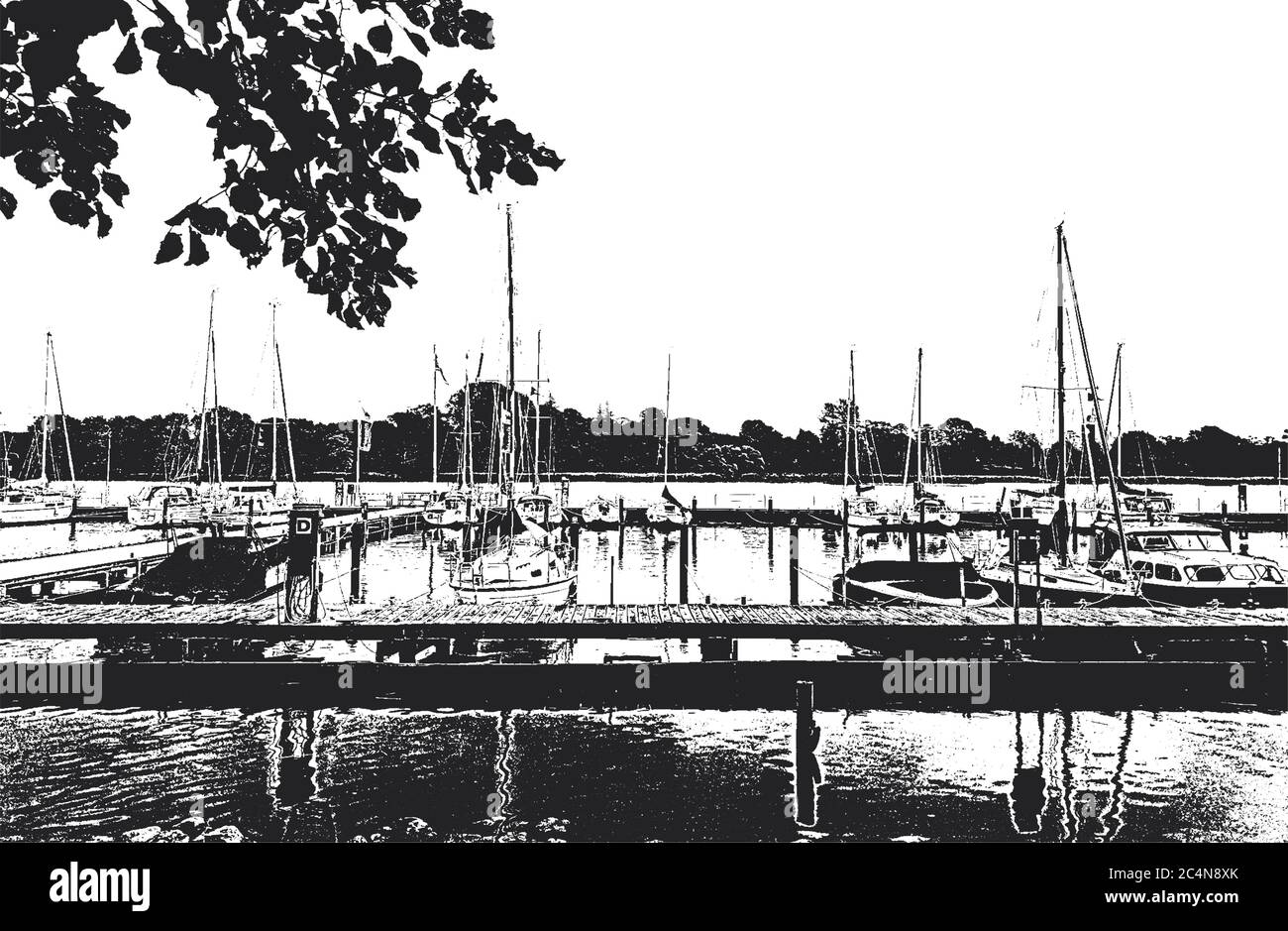 Hafen mit Segelbooten und Yachten im Hafen. Meereslandschaft. Stock Vektor