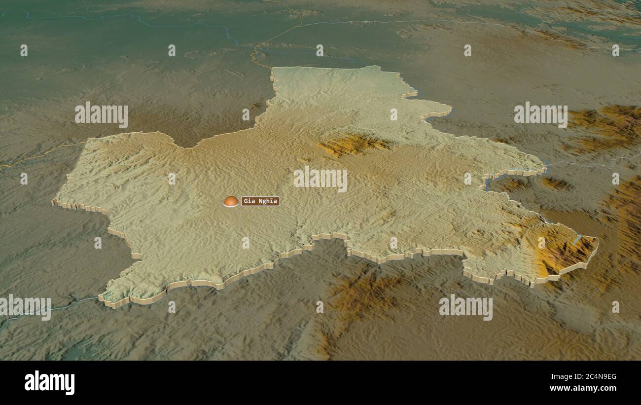 Zoom in auf Đăk Nông (Provinz Vietnam) extrudiert. Schräge Perspektive. Topographische Reliefkarte mit Oberflächengewässern. 3D-Rendering Stockfoto