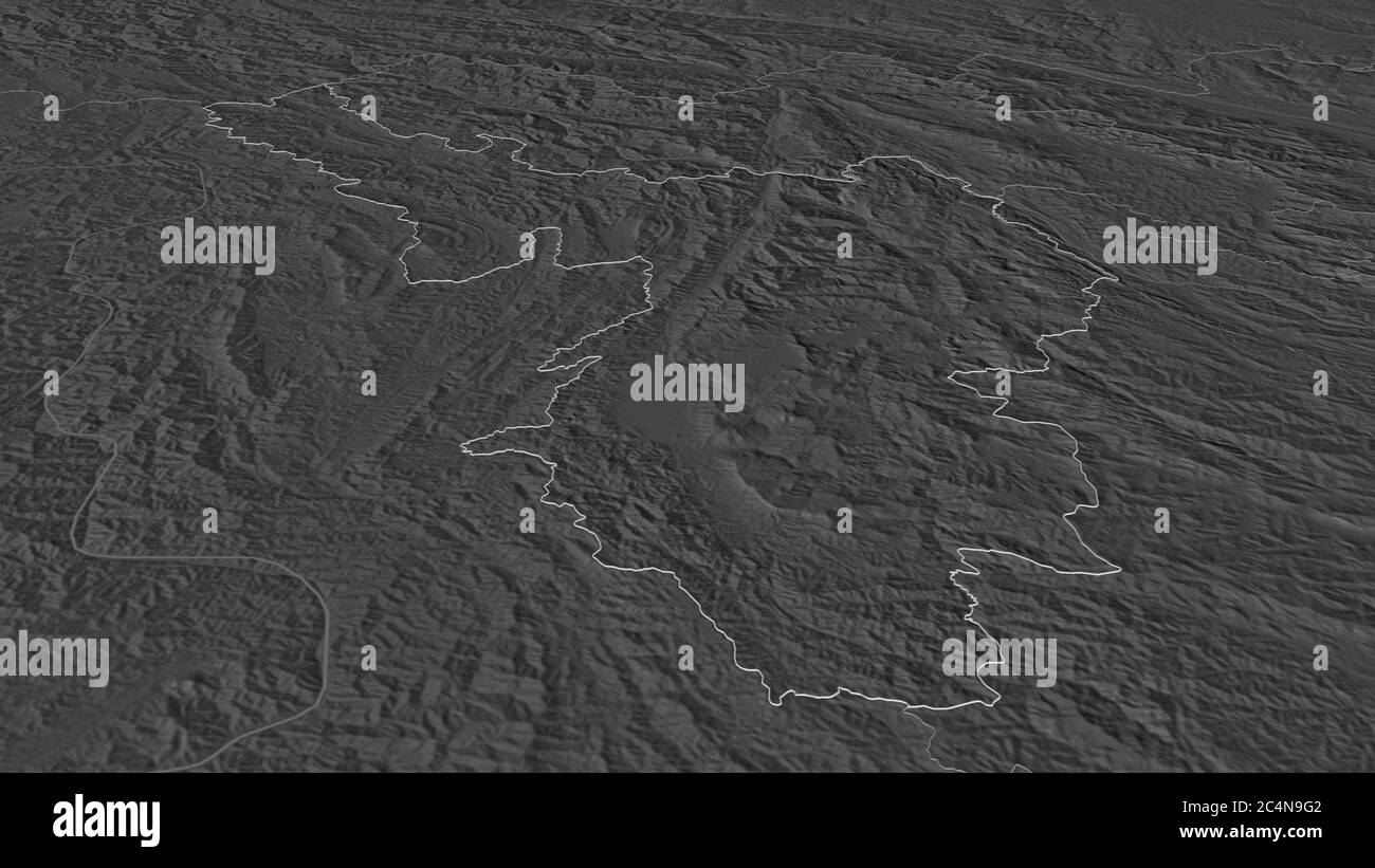 Zoom in auf Điện Biên (Provinz Vietnam) skizziert. Schräge Perspektive. Karte mit bilevel Höhe mit Oberflächengewässern. 3D-Rendering Stockfoto